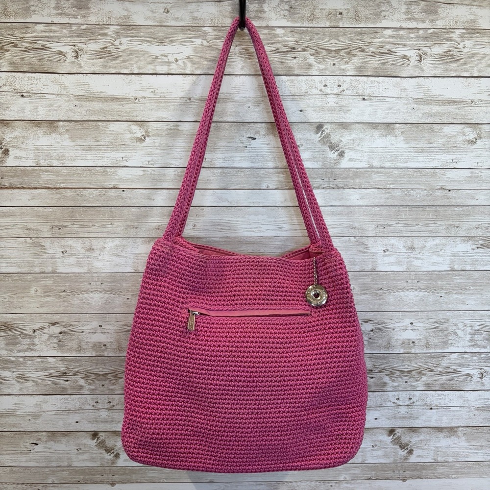 The Sak Hot Pink Shoulder Bag Zip Top Silver Hardware Lined Inner Pockets Charm